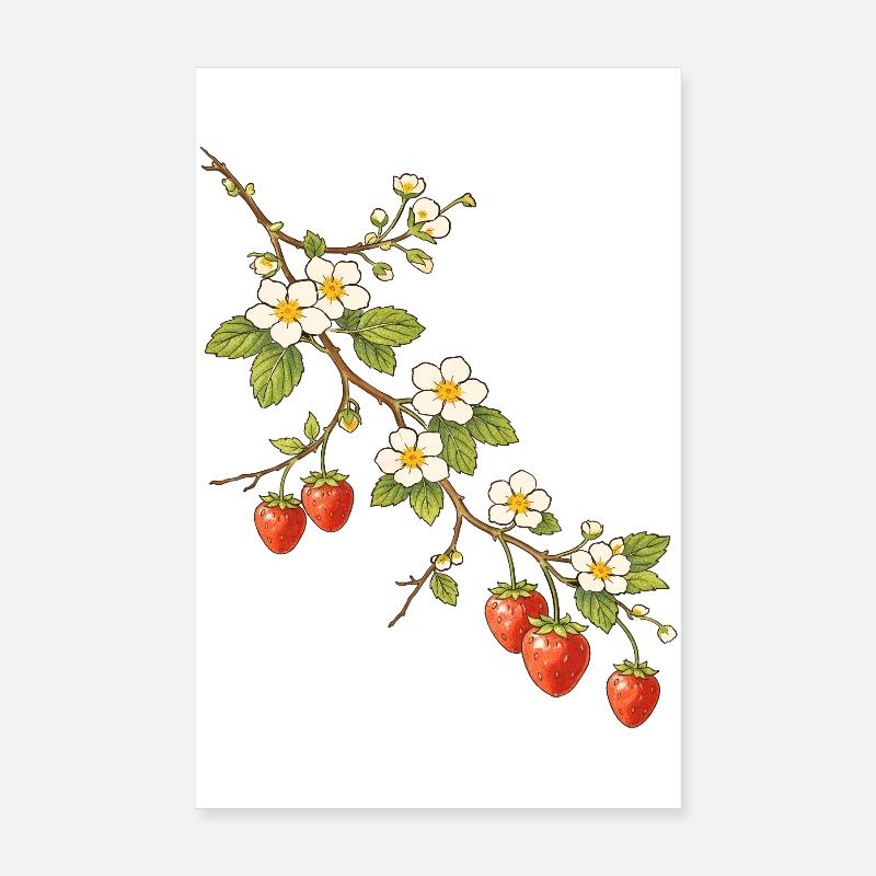 Illustration de branche de fraise avec fleurs Poster 20 x 30 cm