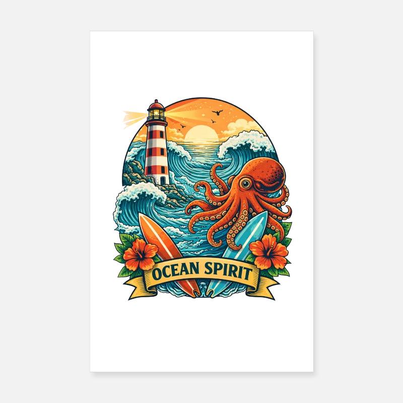 Ocean: Lighthouse, Waves and Octopus Poster 8" x 12" (20x30 cm)
