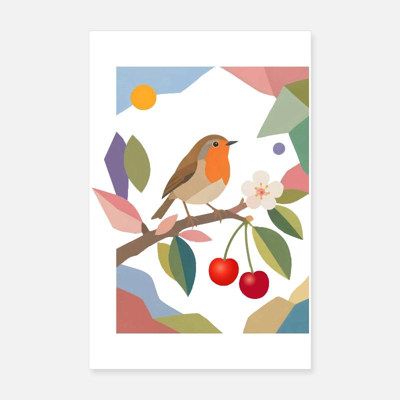 Rotkehlchen Vogel auf Ast Kirsch Design Poster 20x30 cm