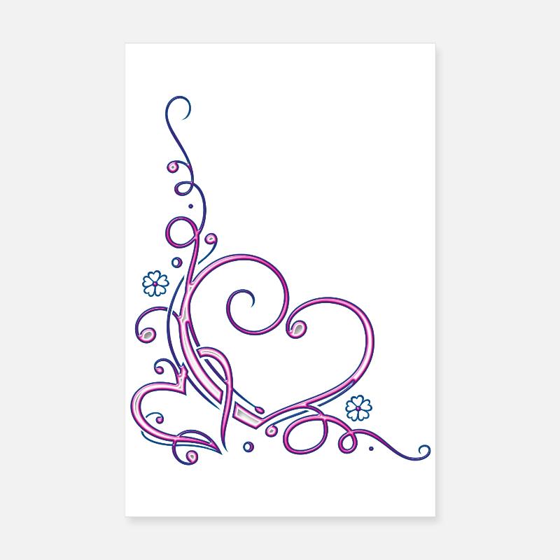 Zwei Herzen mit Blumen, pink und blau Poster 20x30 cm