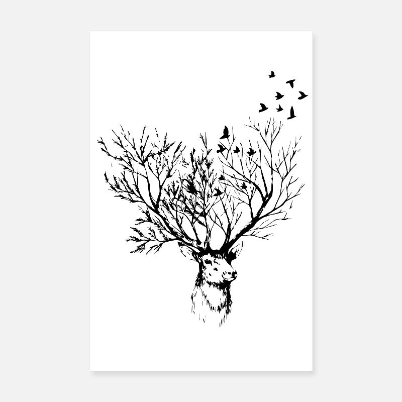 Tête de cerf avec oiseaux Poster 20 x 30 cm