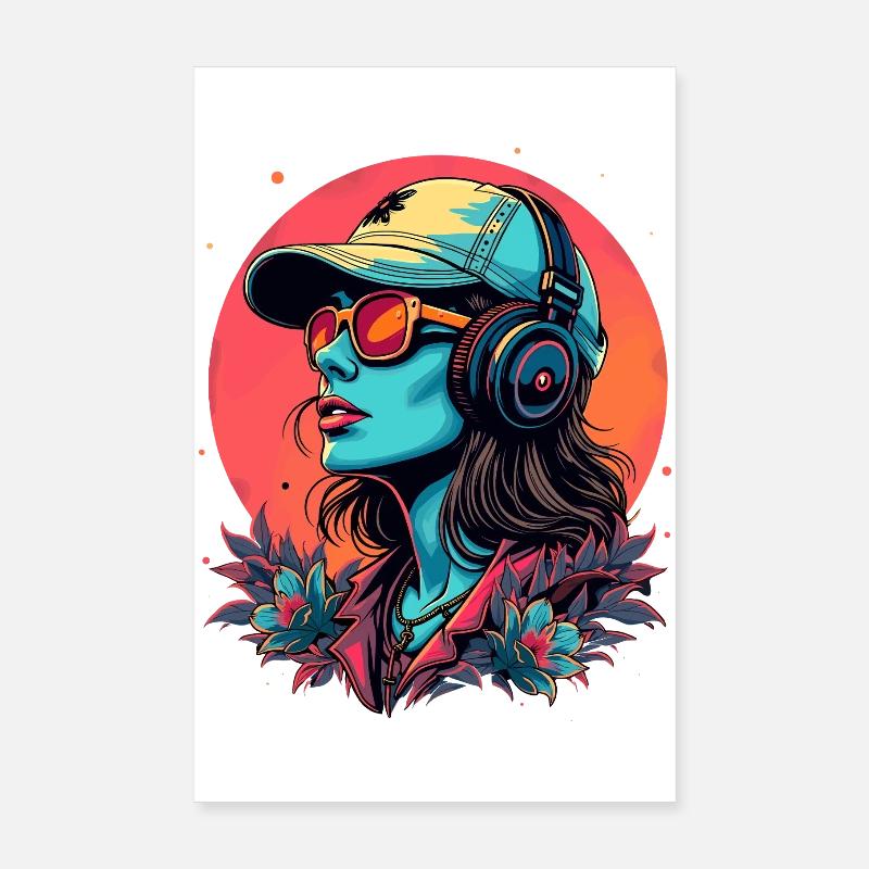 DJane futuriste avec casque - Poster 20 x 30 cm - blanc