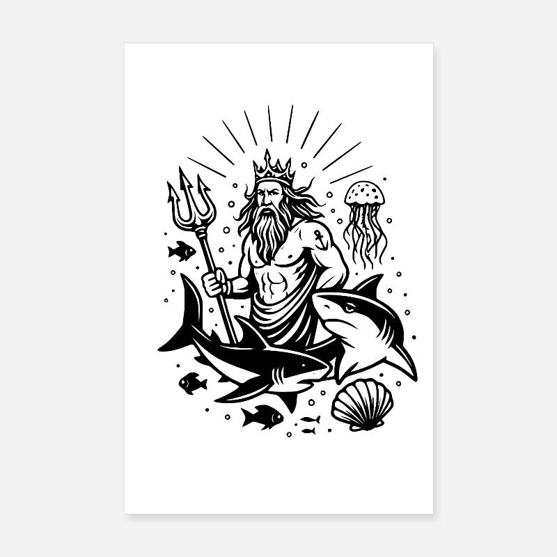 Poseidon – Gott des Meeres Tattoo Design Poster 20x30 cm
