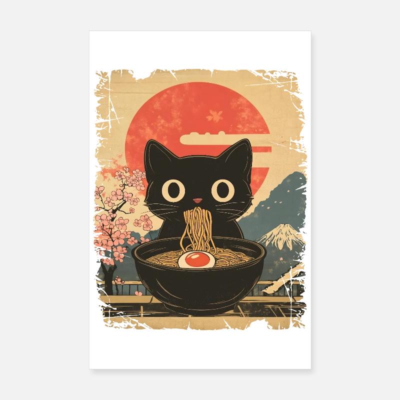 Cat Eats Ramen - style vintage Poster 20 x 30 cm