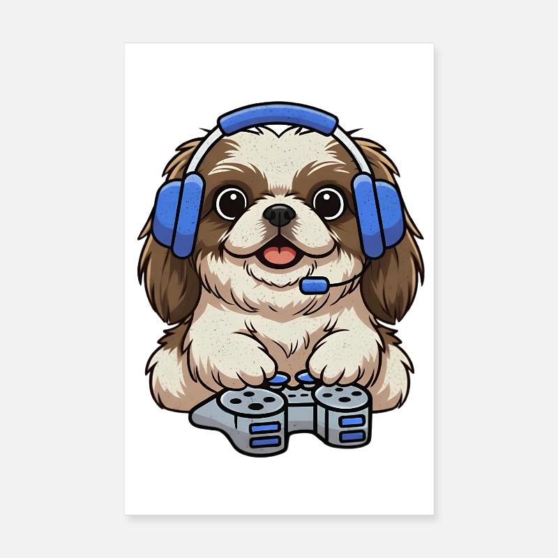 Pekinese Hund beim Gamen Poster 20x30 cm