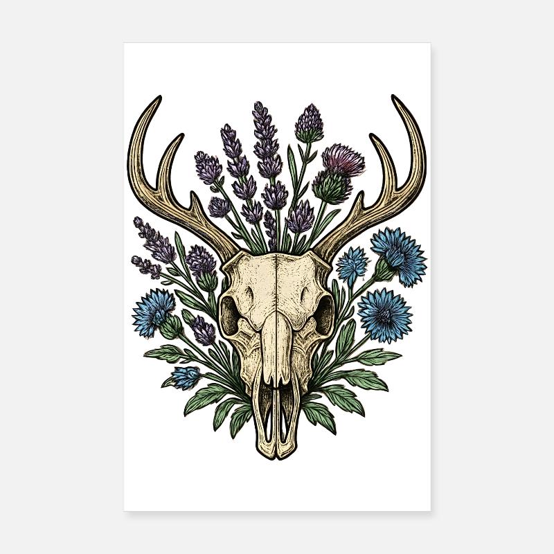 Hirschknochen mit Blumenkranz Poster 20x30 cm