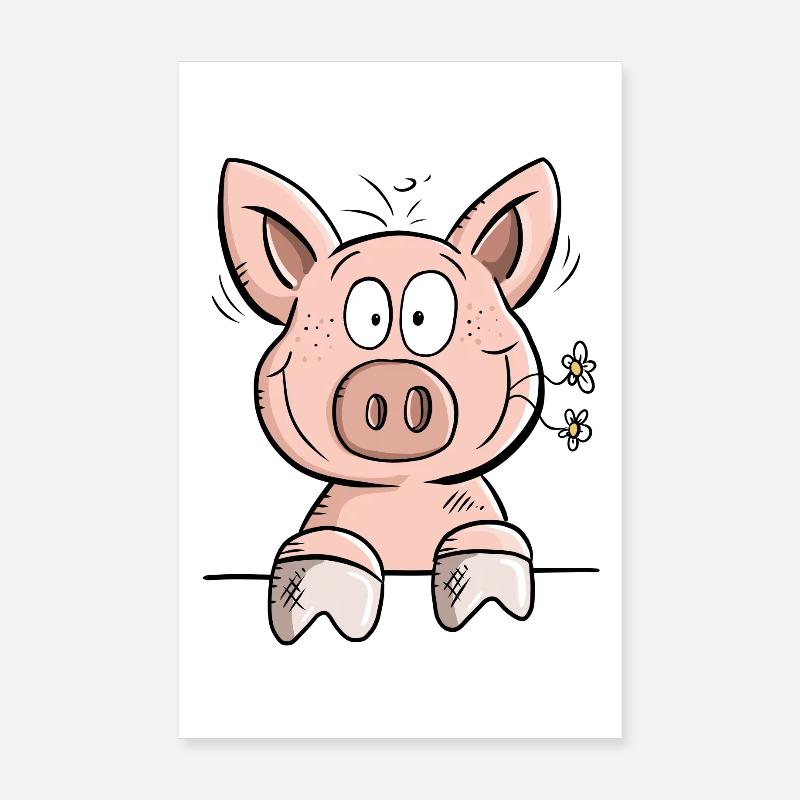 Happy Schweinchen mit Blümchen I Tiermotiv Comic - Poster 20x30 cm - Weiß