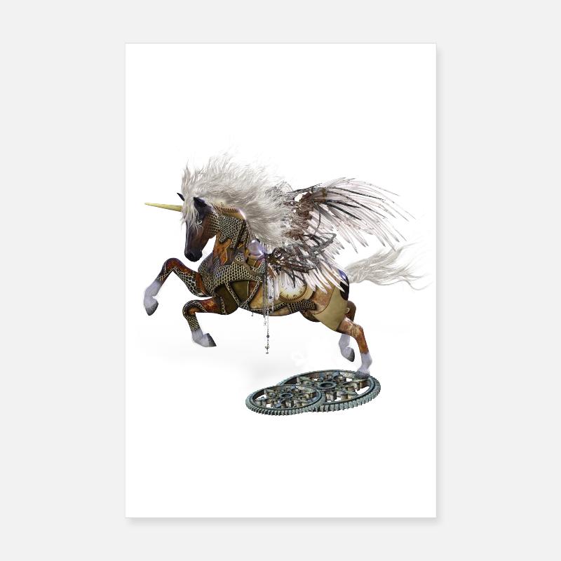 Wunderbares Steampunk-Einhorn mit Pilzen - Poster 20x30 cm - Weiß