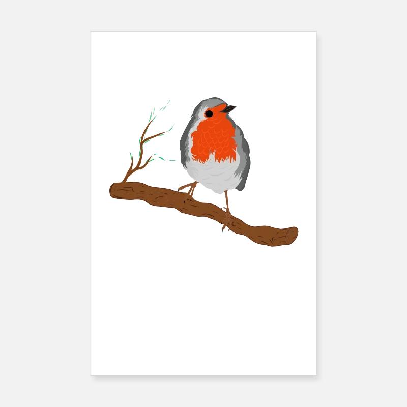 Rotkehlchen mit Prächtigen Federkleid auf Ast - Poster 20x30 cm - Weiß