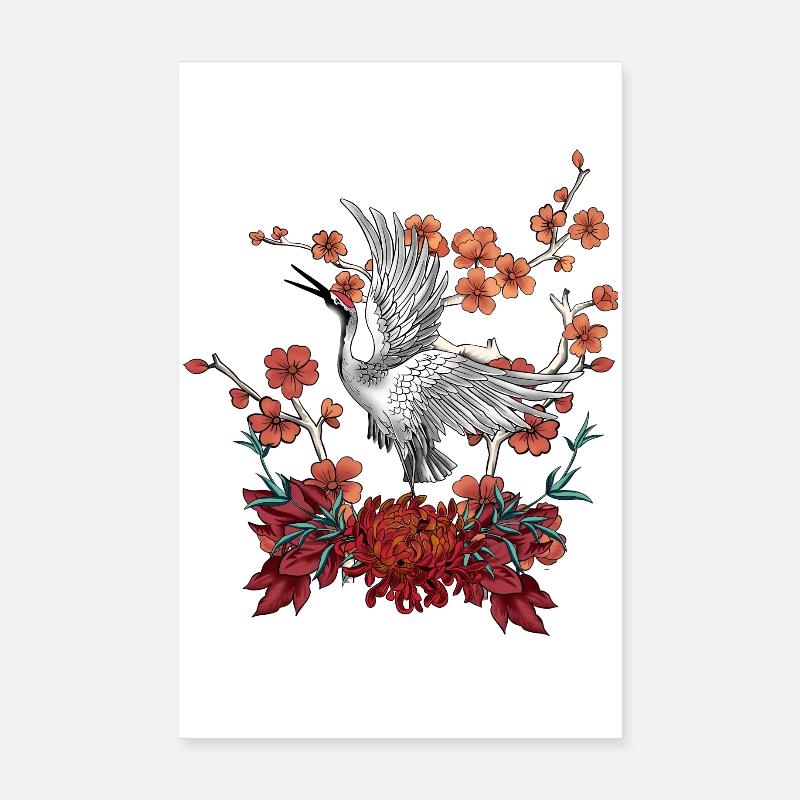 Schöner Kranich mit Blumen - Poster 20x30 cm - Weiß