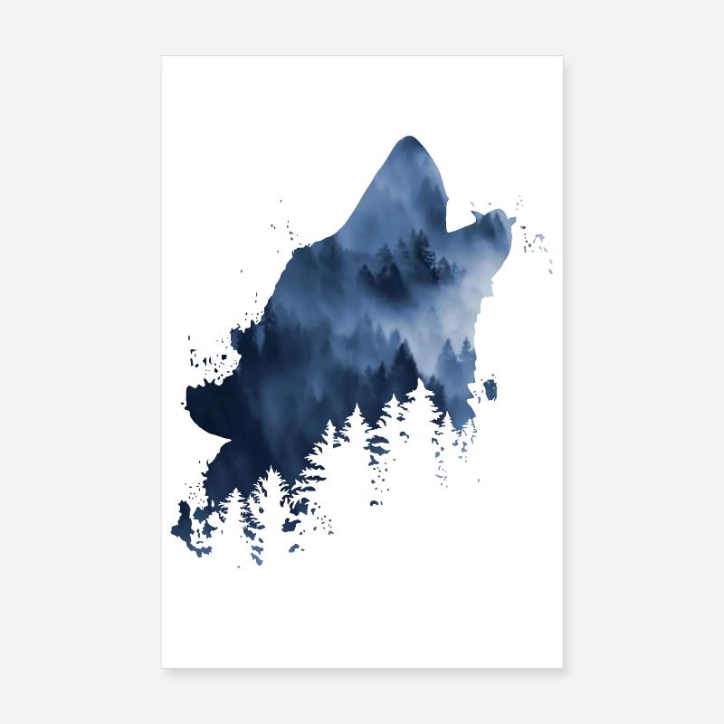 forêt nuageuse de loups hurlants Poster 20 x 30 cm