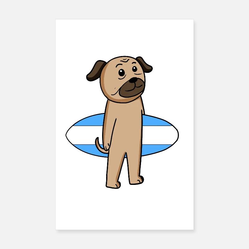 Surfboard Dog Pug Surfing Cadeau Poster 20 x 30 cm