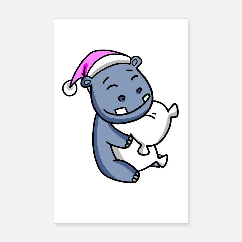Hippopotame avec oreiller et bonnet de couchage Poster 20 x 30 cm