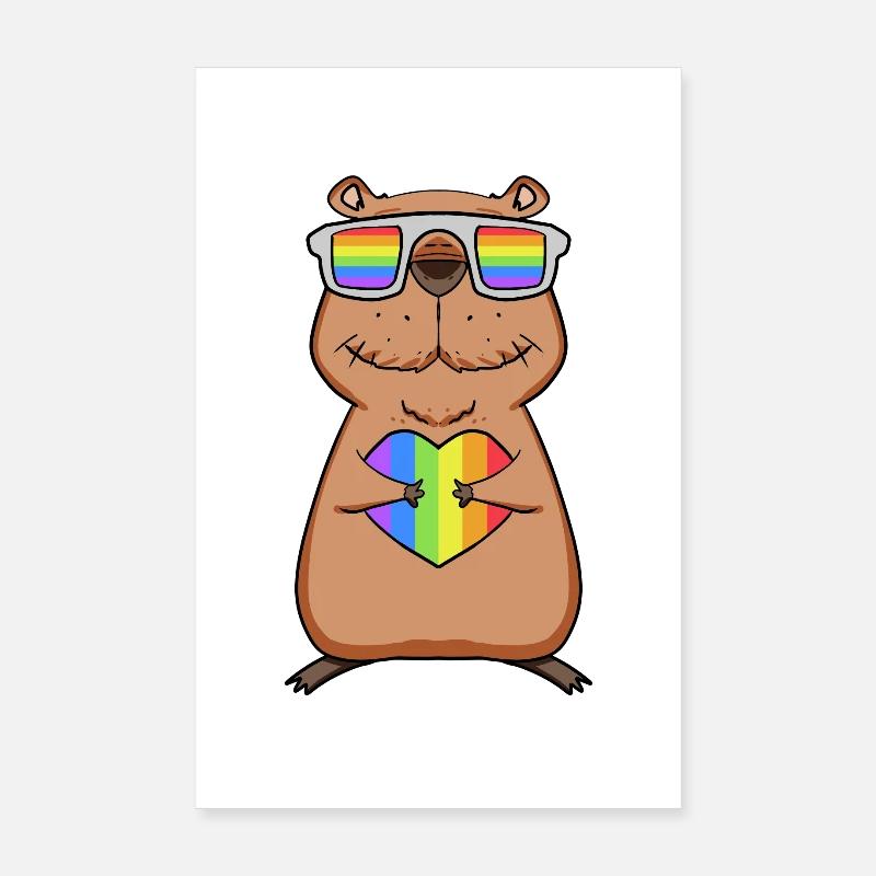 Regenbogen - Capybara mit Brille und Herz Poster 20x30 cm