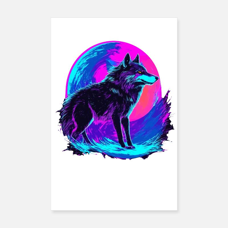 Colorful Wolf Neon Moon Synthwave - Poster 20x30 cm - Weiß