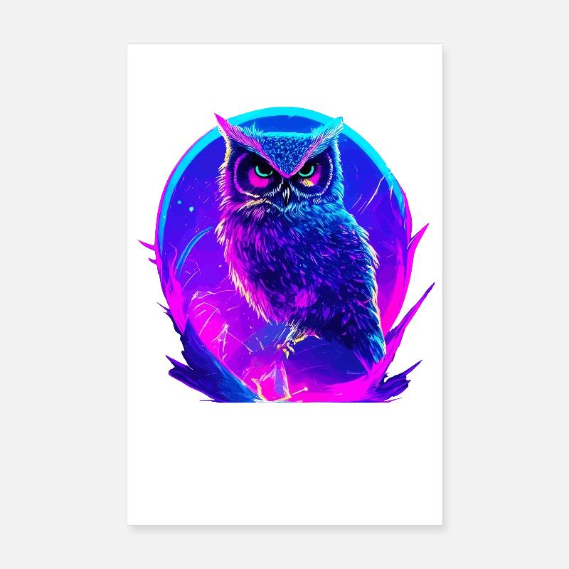 Leuchtende Eule Vogel Neon Kunstwerk - Poster 20x30 cm - Weiß