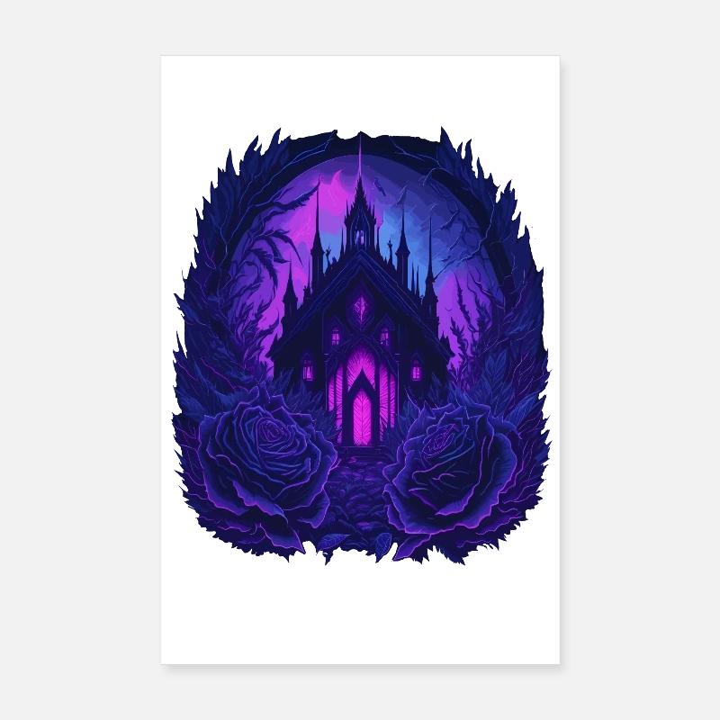 neon gothic gothic castle with roses Poster 8" x 12" (20x30 cm)
