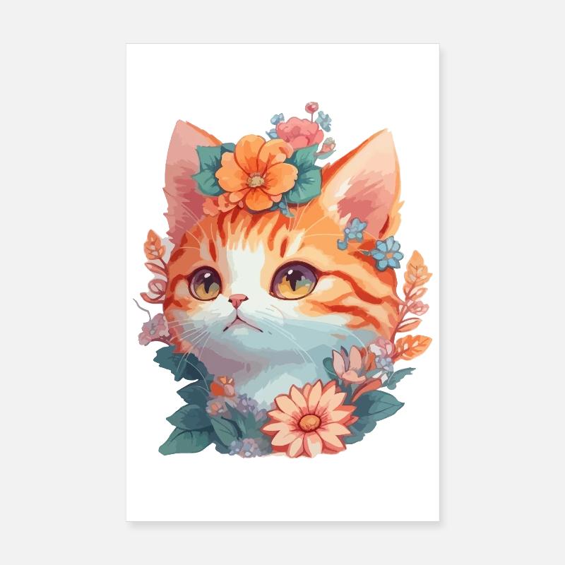 Chat rouge avec des fleurs Poster 20 x 30 cm