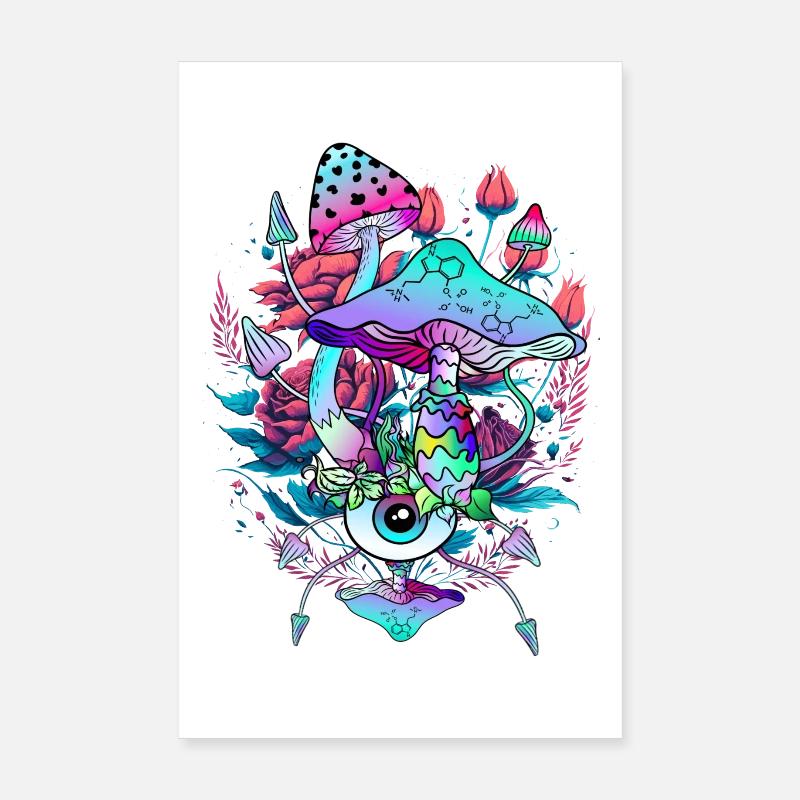 Art des champignons psychédéliques avec un œil et des fleurs Poster 20 x 30 cm