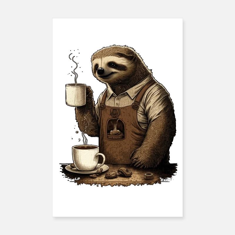 Sloth with apron and cups with fragrant coffee Poster 8" x 12" (20x30 cm)