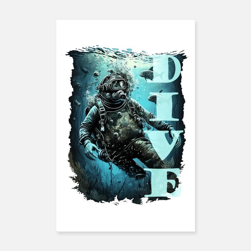 Plongeur avec poisson et lettrage Poster 20 x 30 cm