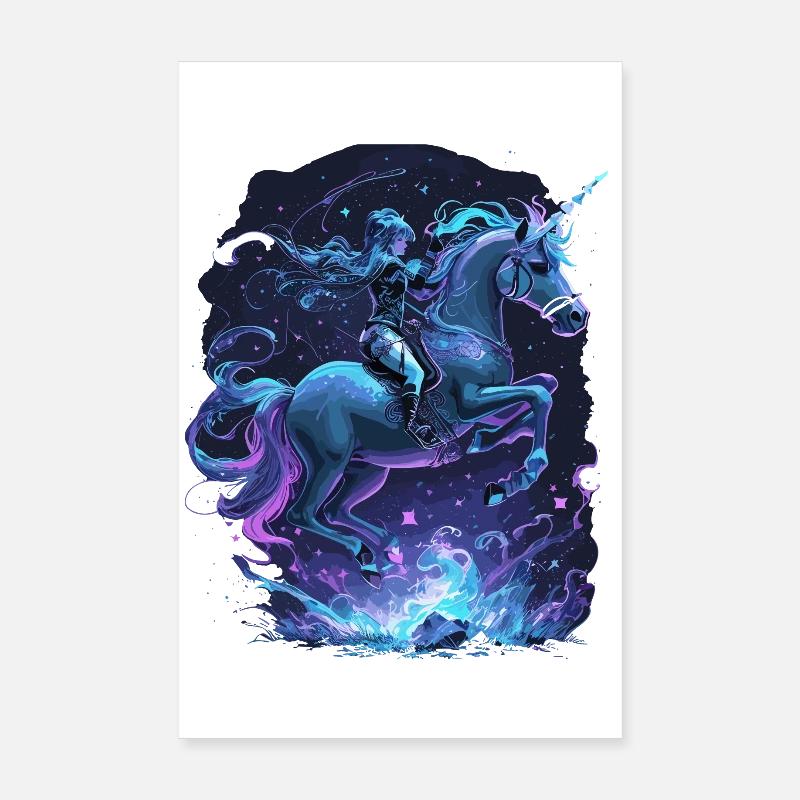 Mystisches Einhorn mit Reiterin Poster 20x30 cm