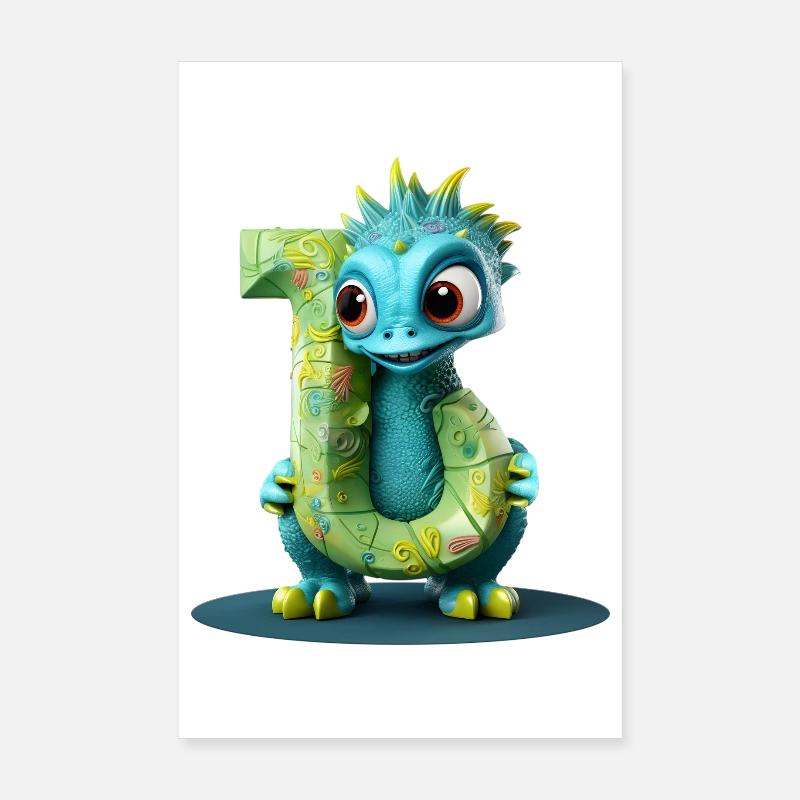 Blauer Drache mit Buchstabe J Alphabet Poster 20x30 cm