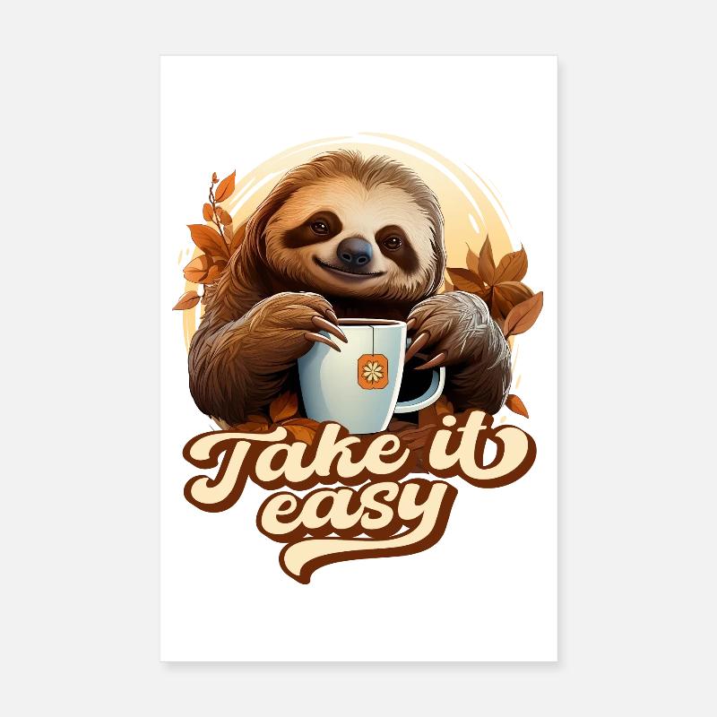 Süßes Faultier Trinkt Tee, Take It Easy, Spruch - Poster 20x30 cm - Weiß
