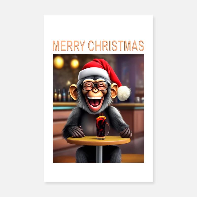 Monkey celebrates Christmas with hat and drink - Poster 8" x 12" (20x30 cm) - white