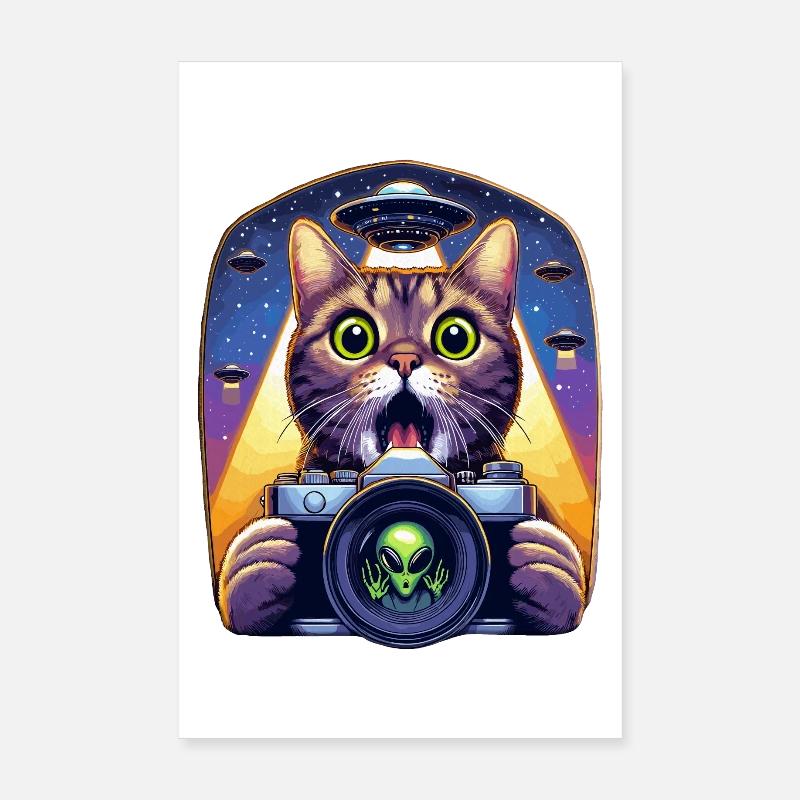 Lustige verängstigte Katze mit UFO-Alien-Angriff 3D-Effekt Poster 20x30 cm
