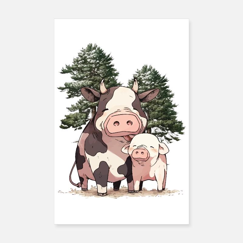 Amis Amitié Vache Cochon Animaux Ensemble Poster 20 x 30 cm