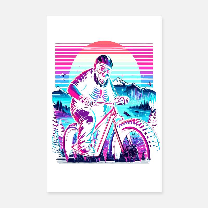 Synthwave Skeleton Biker Fatbike Rétro Coucher de soleil Poster 20 x 30 cm