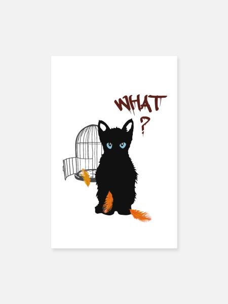 Kleines schwarzes süßes Kätzchen und Vogel - Poster 20x30 cm - Weiß - Vorne
