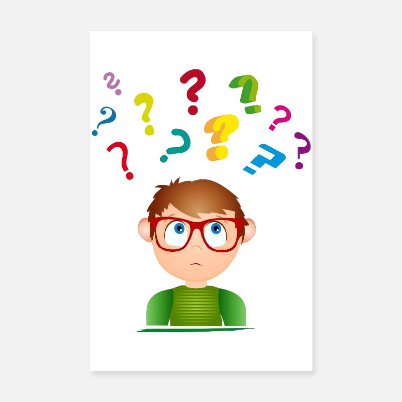 Boy with glasses with many colorful question marks Poster 8" x 12" (20x30 cm)