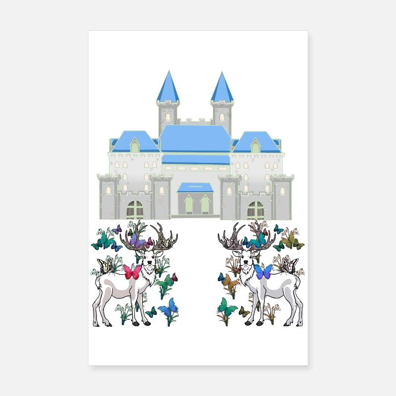 Schloss Märchen Hirsche Schmetterlinge Frühling Poster 20x30 cm