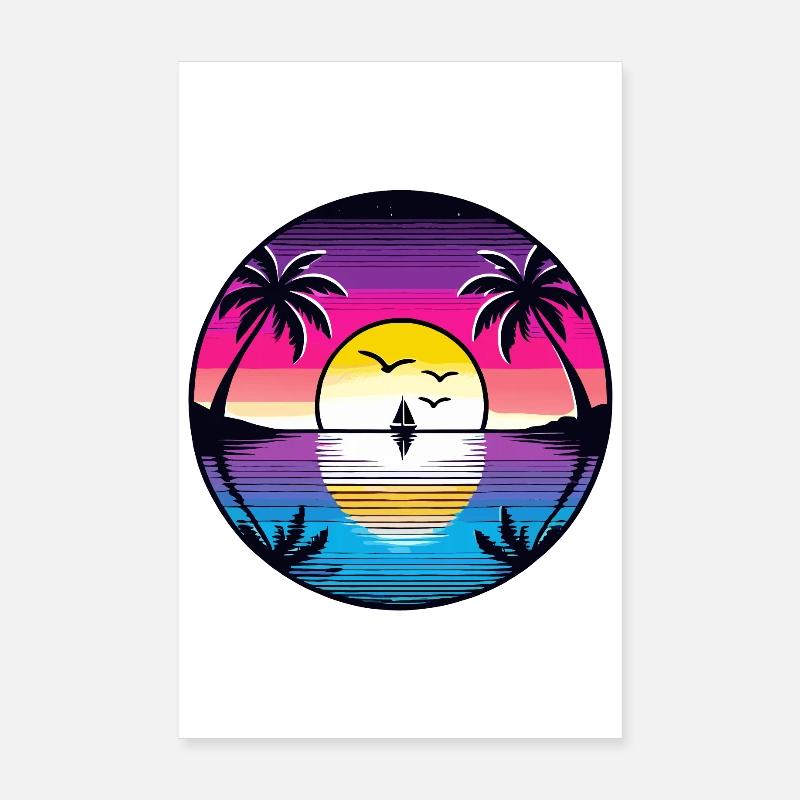 Retro Tropical Sunset Sailboat Beach Dream Poster 8" x 12" (20x30 cm)