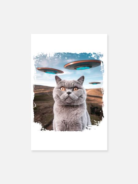 Funny British Shorthair Cat selfie with Alien UFOs - Poster 8" x 12" (20x30 cm) - white - Front