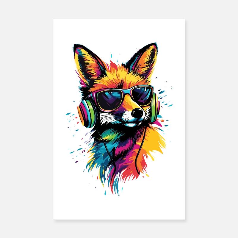 Fuchs DJ Kopfhörer Bunt Regenbogen Musik Füchse Poster 20x30 cm