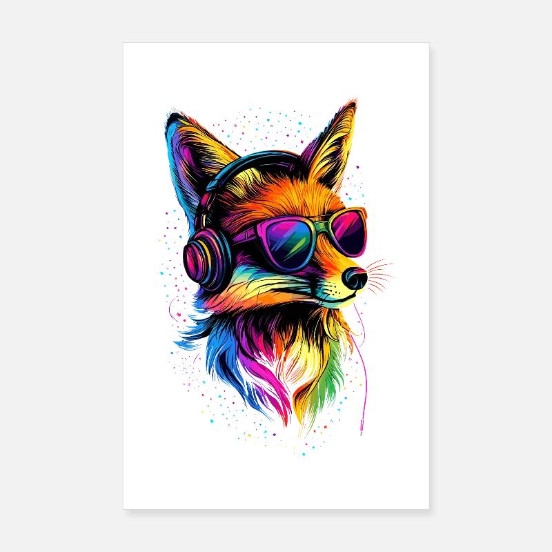 Fuchs DJ Kopfhörer Bunt Regenbogen Musik Füchse - Poster 20x30 cm - Weiß