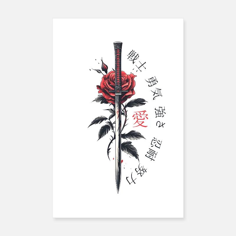 Japan Sword Rose Characters Aesthetics Poster 8" x 12" (20x30 cm)