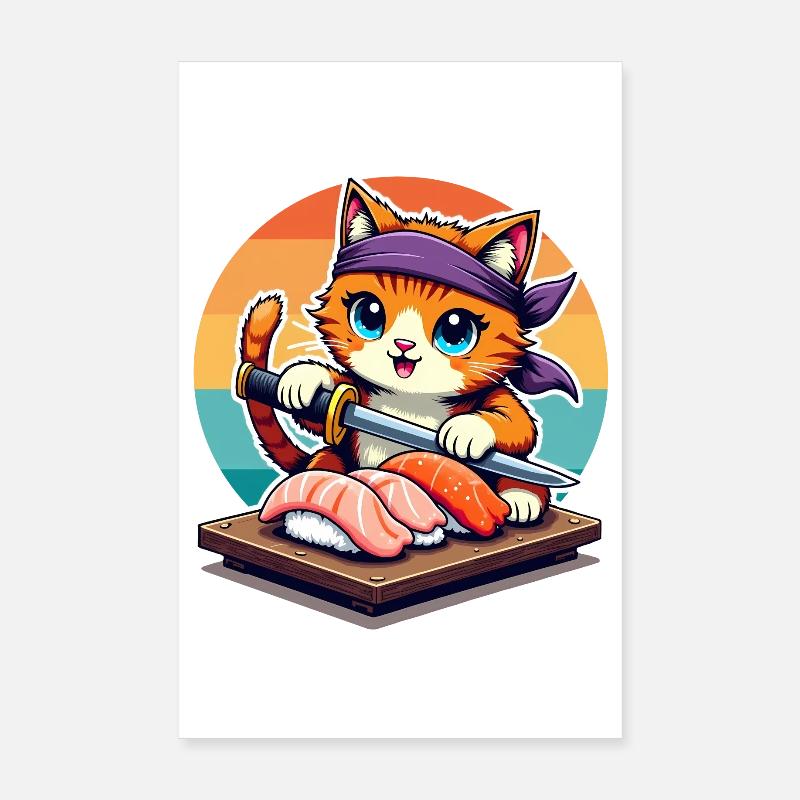 Sushi Master Cat mit Sunset mit Katana-Messer Poster 20x30 cm
