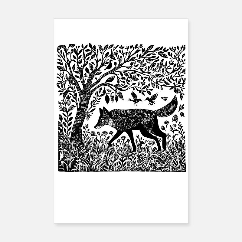 Fuchs Wald Natur Wildnis Holzschnitt Geschenk Poster 20x30 cm
