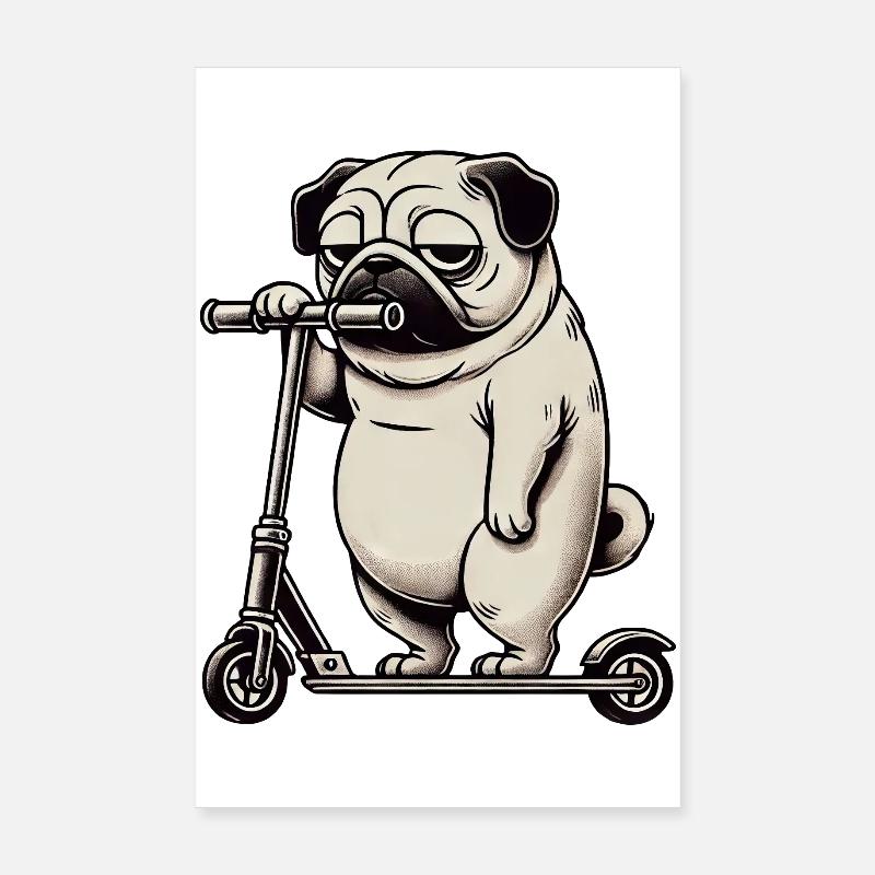 Drôle Pug Scooter Trottinette Kickroller Poster 20 x 30 cm