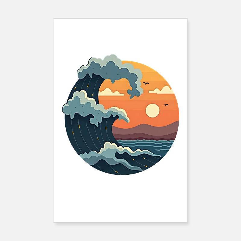 Vagues dans l’illustration du coucher de soleil Poster 20 x 30 cm