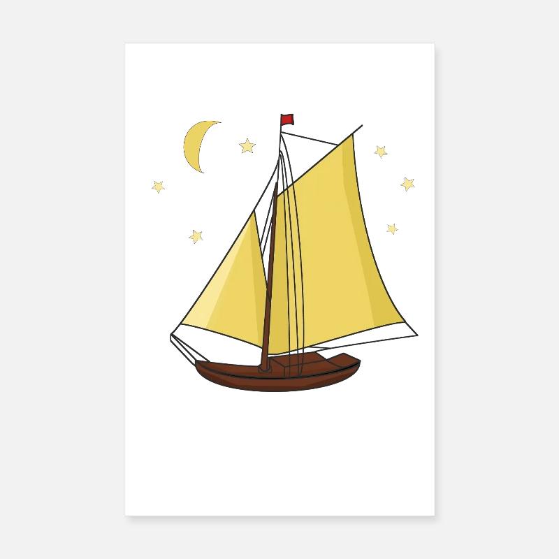 Segelboot Boot Schiff Seefahrt Sterne Mond - Poster 20x30 cm - Weiß