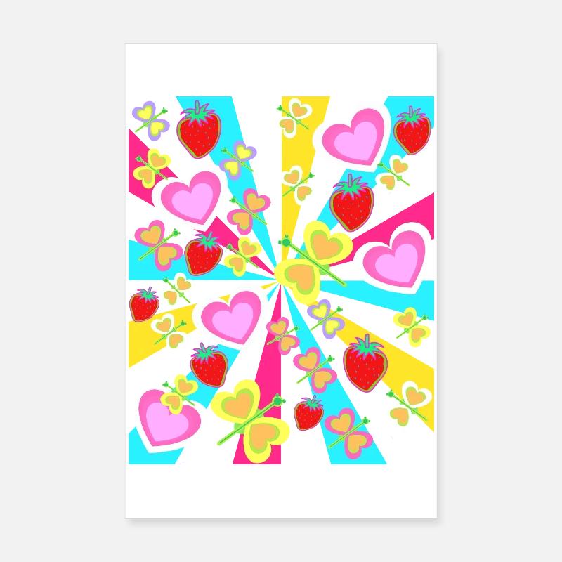 Retro Erdbeeren Herz Herzen Schmetterlinge Sommer Poster 20x30 cm