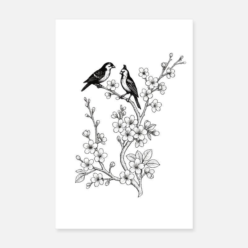 Vögel auf Kirschzweig - Poster 20x30 cm - Weiß