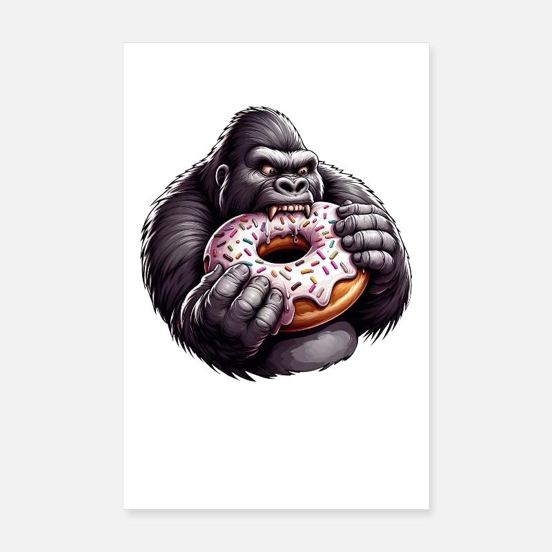 Funny gorilla with donut cartoon snacking Poster 8" x 12" (20x30 cm)