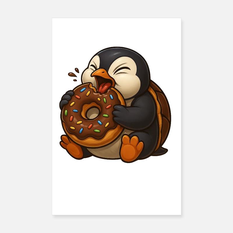 Cute Cartoon Penguin Donut Snacking Feeding Poster 8" x 12" (20x30 cm)