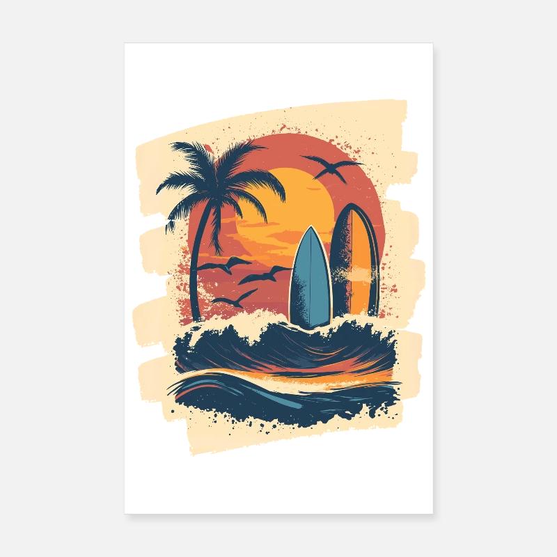 Beach Palm Trees Sunset Surfer Summer Poster 8" x 12" (20x30 cm)